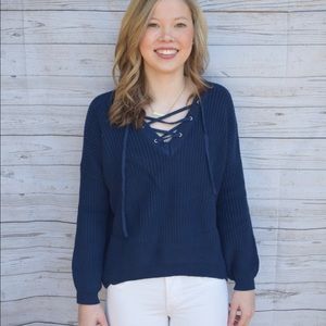Navy lace up sweater